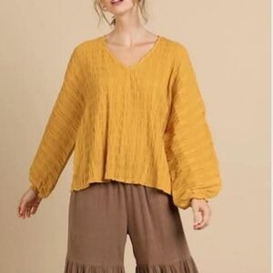 97%Cotton Yellow V-Neck Women's Boxy Boho Top Lagenlook Minimalist